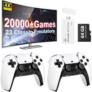 Retro Gaming Console, 20,000+ Retro Game Stick, 23 Emulators, 4K HD HDMI TV Game Stick, Includes 2 Wireless 2.4GHz Controllers,Plug & Play Video Games for TV(64GB)
