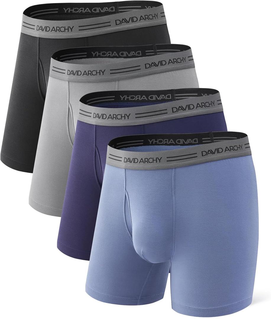 DAVID ARCHY Moisture Wicking Breathable Men's Boxer Briefs Ultra Soft Underwear Fly Pouch Tagless 6.5" Inseam No Roll, 4 Pack (Large, Black+ Navy+ Gray Blue+ Gray)