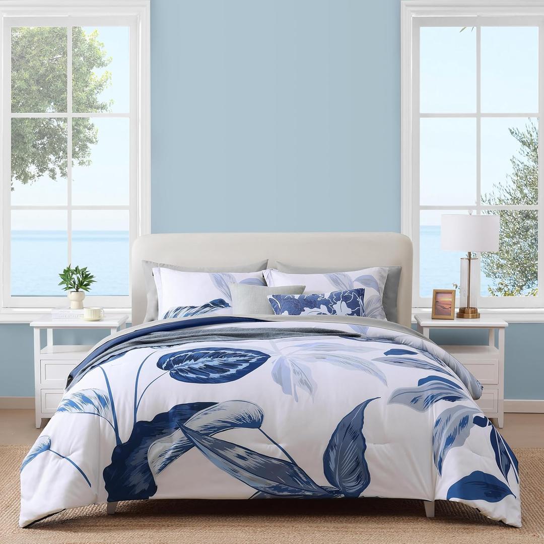 WRENSONGE King Size Comforter Set, 7 Pieces 7 Pieces Blue Tropical Leaves Soft Bedding Sets, Coastal Bed in a Bag, Botanical Printed Comforter with Sheets for All Season (King(102"X90"), Blue White Flower)