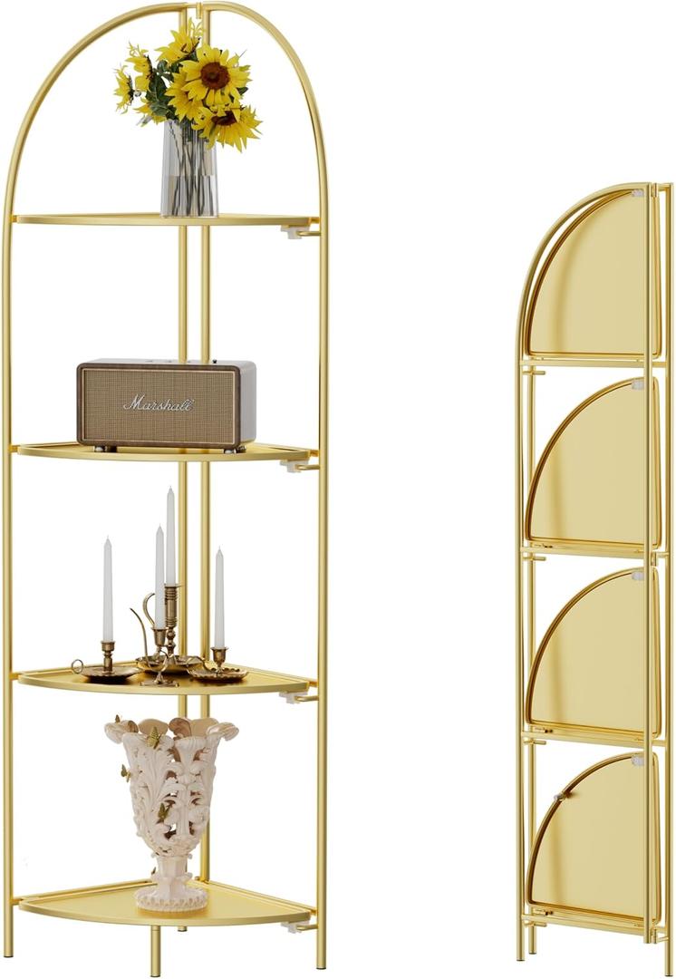 Crofy Foldable 4 Tier Corner Shelf, Metal Corner Plant Stand with Gold Frame and Gold Shelves, Corner Display Rack Multipurpose Shelving Unit for Living Room, Bedroom, Bathroom Gold Frame & Gold Shelf, 4 Tier