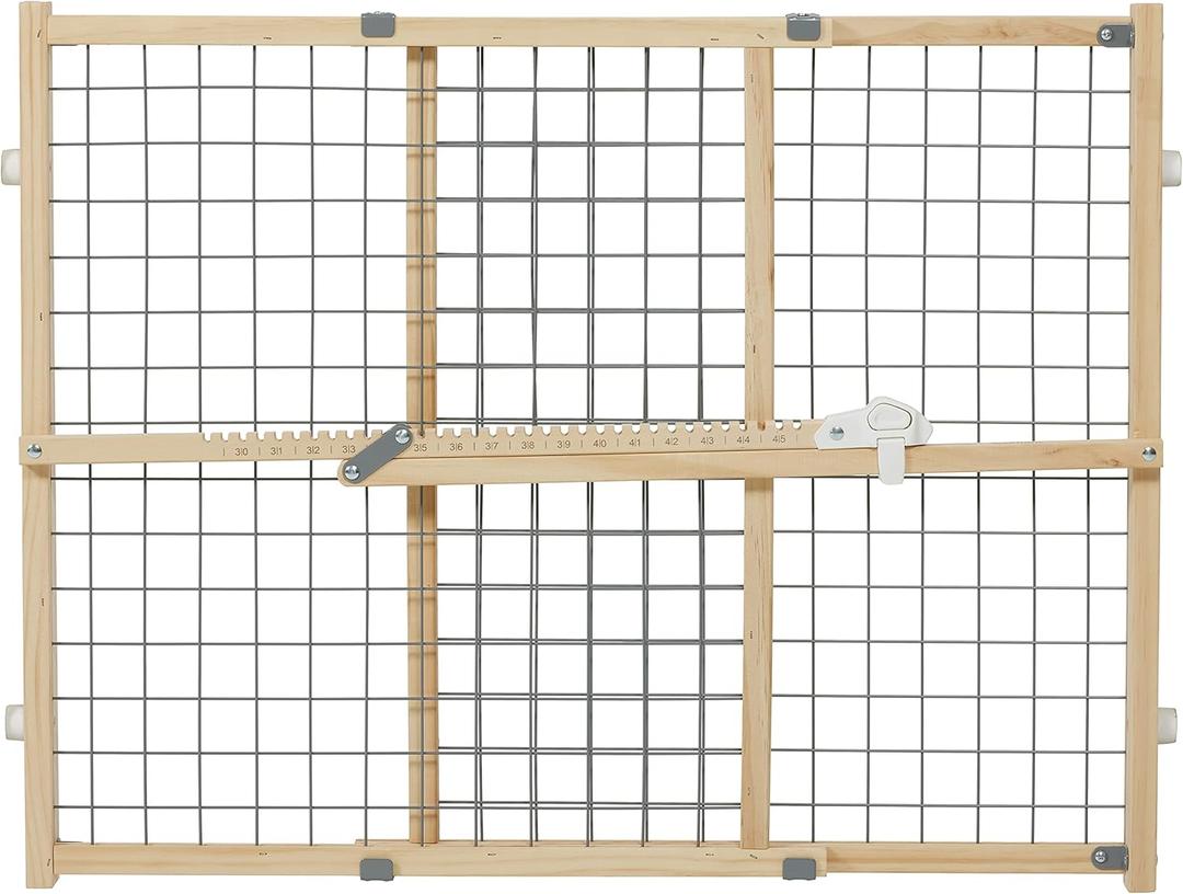 New World Wire Mesh Wood Dog Gate, Pet Gate, Does Not Damage Walls, No Tool Assembly, Features Patented Locking Arm, 24H x 27-41.5W - Inches, Natural Wood & Light Gray Mesh