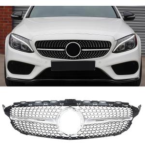 Front Grill Grille for 2015-2018 Mercedes Benz W205 C-Class C200 C250 C300 C350 C400 Silver Diamond Front Bumper Grill Direct Fit Replacement ABS Plastic with Emblem Grille