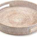 16.9" Round Rattan Tray, Hand Woven Serving Tray with Handles, Wicker Serving Basket, Decorative Tray for Home Decor, Whitewash