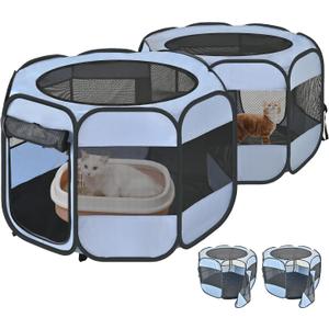 2-in-1 Cat Playpens, Detachable into 2 Separate Playpens with Additional 2 Doors, Portable Dog Playpen Cat Tent Enclosure for Kitten and Puppy Indoor Outdoor Use(M)