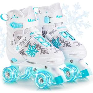 Snowflake Roller Skates for Girls,4 Size Adjustable Kids Roller Skates with All Light Up Wheels for Toddler Teens Beginners, Ideal Birthday for Indoor Outdoor Use (Medium - Big Kid(1-4), White)