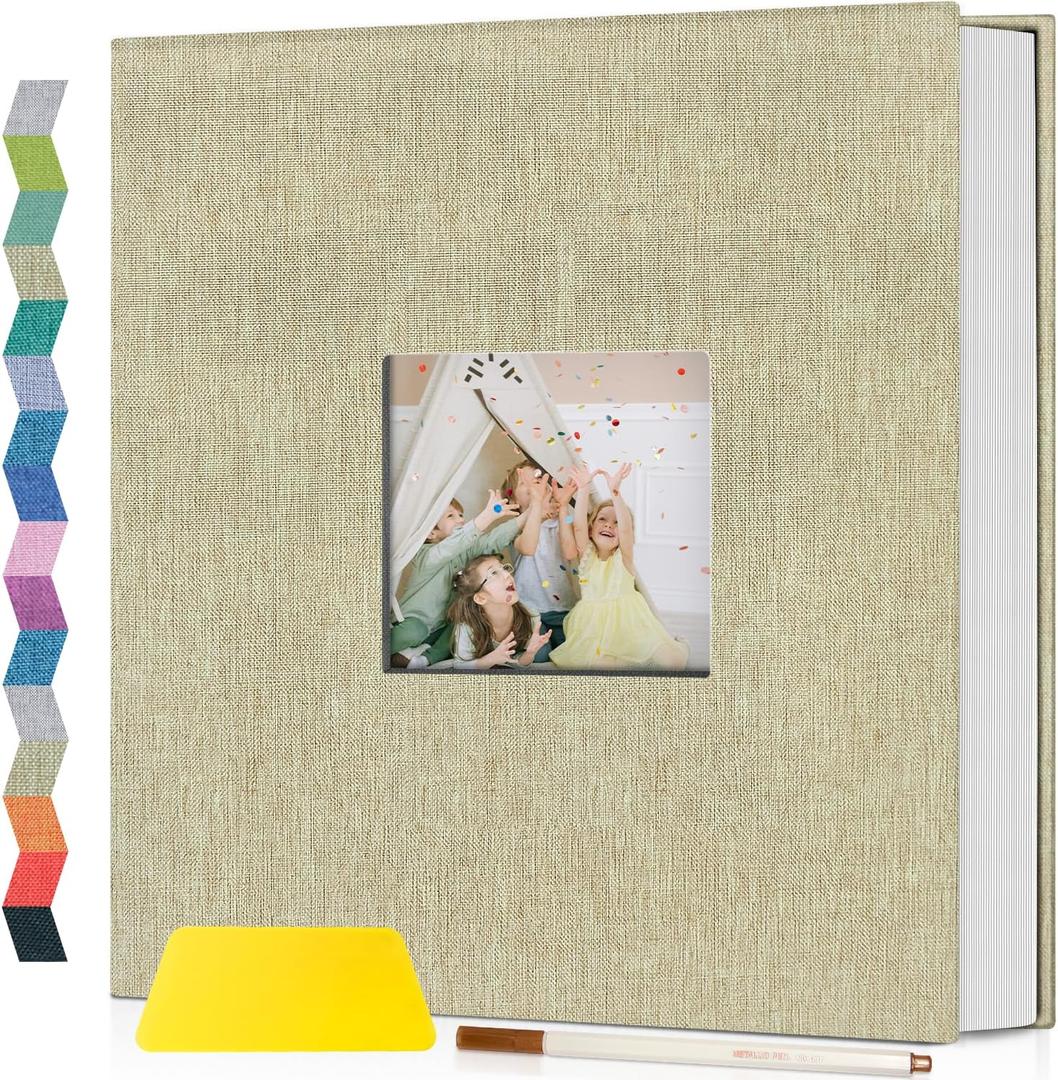 Popotop Photo Album Self Adhesive with Picture Display Window,40 Pages DIY Scrapbooking Supplies Kit for 4x6 8x10 Picture,Linen Cover Memory Book for Baby Wedding, with Scraper and Metallic Pen