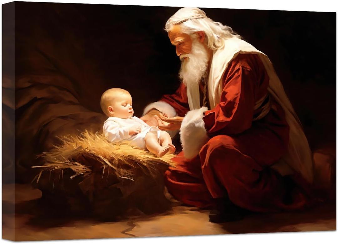 DOARTDO Nativity Canvas Print Wall Art Santa Claus and Baby Jesus Pictures Christmas Poster Wall Decor Christ Prints (16.00" x 24.00", Santa)