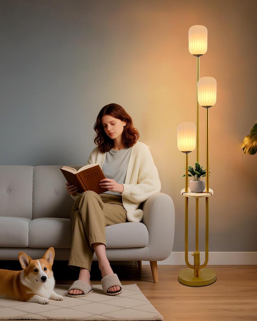 Lightdot Gold Dimmable Floor Lamp with Shelf Modern Floor Lamps with Oval Striped Lampshade 3000K Bulb Included 3-Lights Candle Holder Style Tall Lamp for Living Room/Bedroom/Sofa Beside/Corner Decor