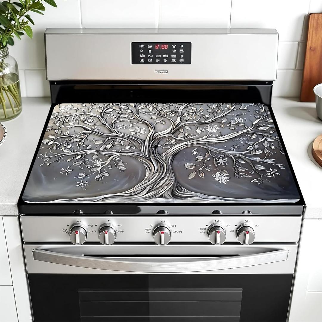Multi-Design Stove Cover for Glass/Electric Stoves - 3-in-1 Heat-Resistant Protector Mat, Non-Slip Drying Rack 28"x20" (Silver Tree)