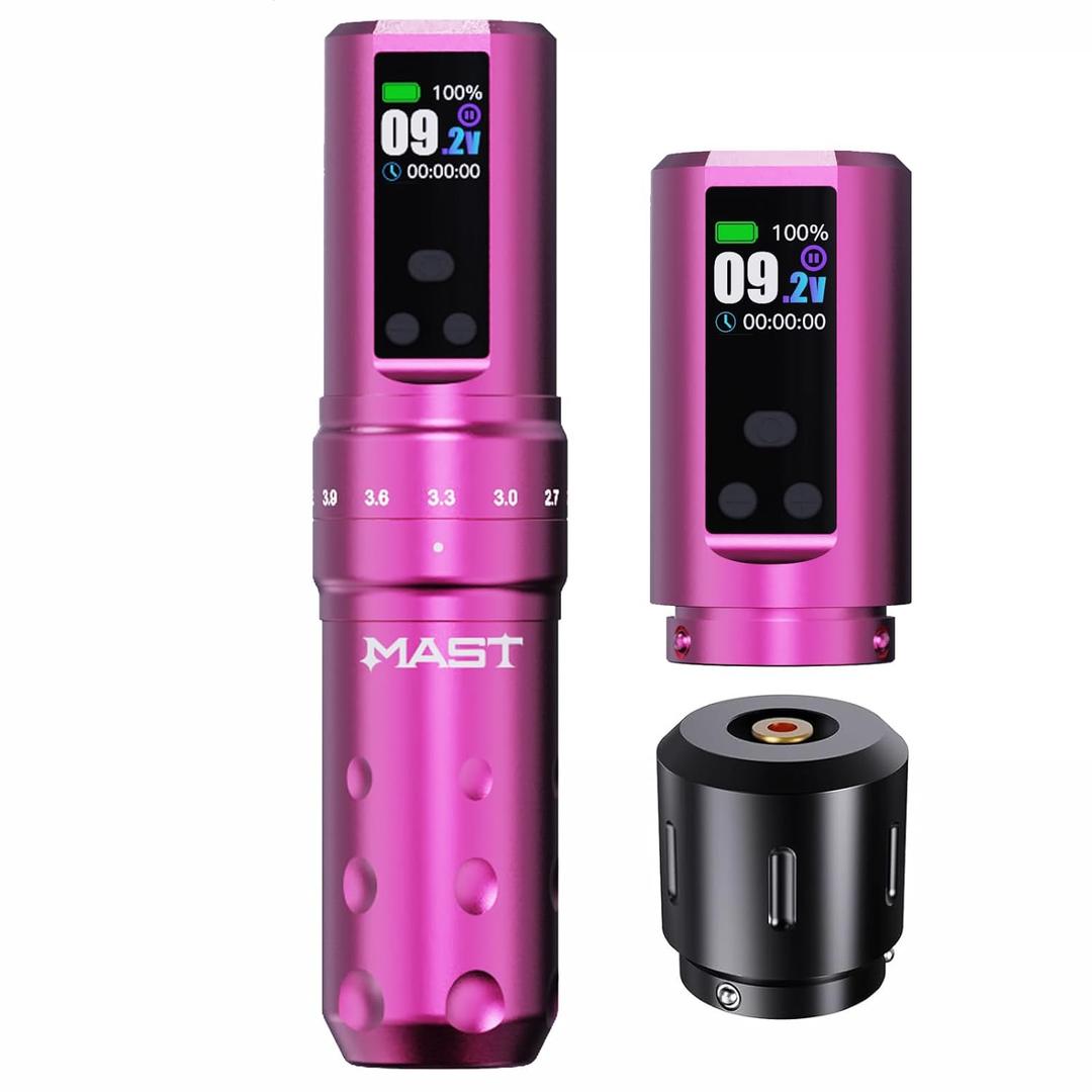 Mast Fold2 Pro Tattoo Gun Cordless Tattoo Pen Machine 2 Replaceble Batteries 2,000mAh Power Supply Mcore Rotary Motor Real Strokes Length Pink Color