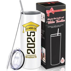 Patelai Class of 2025 Graduate Travel Mug for Her Him, Inspirational Graduation Gifts for College High School Student, 20 oz Insulated Water Tumbler with Straw Lid Brush(White)