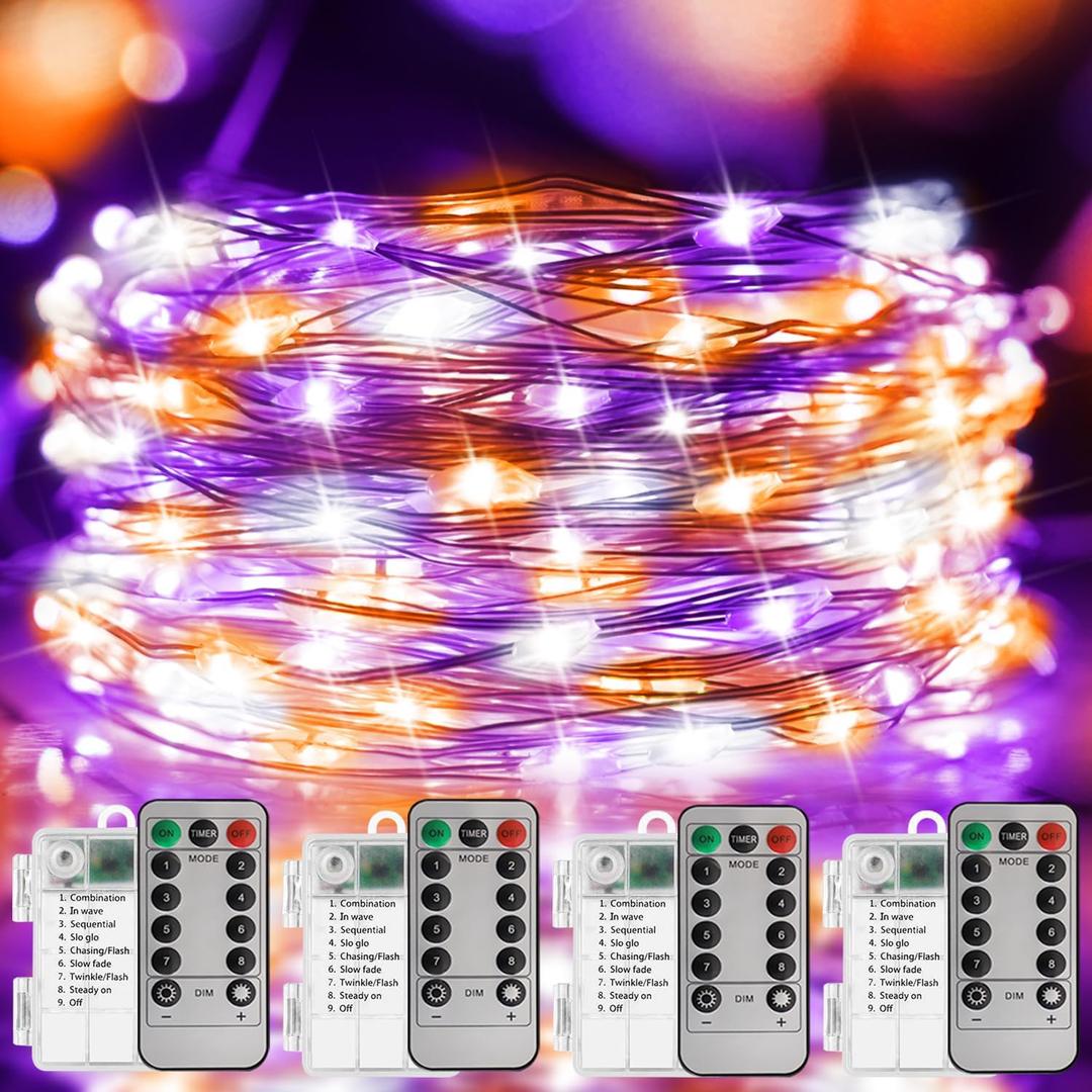 Curyidy Purple White Orange String Lights Halloween Decorations, 100LED Copper String Lights Battery Operated Fairy Lights with Remote Control for Home, Christmas,Party, Halloween Decor- 4 Pack