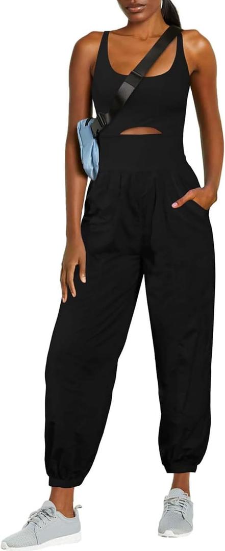 ReachMe Womens Running Onesie Athletic Romper Pants Hiking Outfits One Piece Workout Jumpsuits with Pockets (Medium, Black)