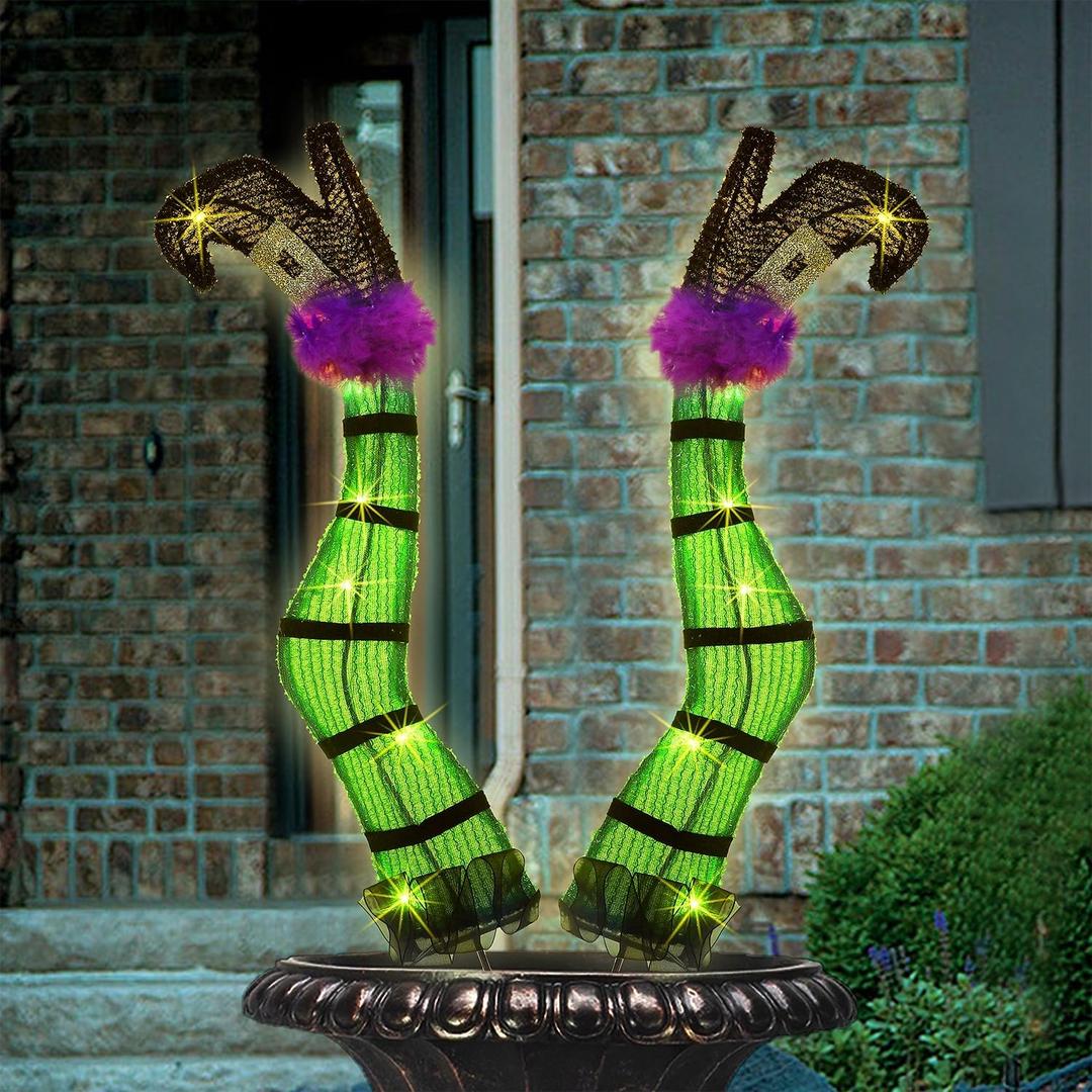 Juegoal Set of 2 Halloween Lighted Wicked Witch Legs with Stakes, 22" Light Up Tinsel Witch Prop, Halloween Yard Signs Timer & 8 Modes, Battery Operated for Outdoor Party Haunted House Garden Decor (Green)
