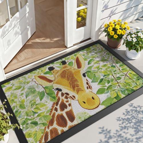 LUMI Outside Door Mat 32x47, Non Slip Rubber Backing Doormat, Low Profile Easy Clean Entrance Mats for Front Back Door Entryway Porch Garage, Giraffe