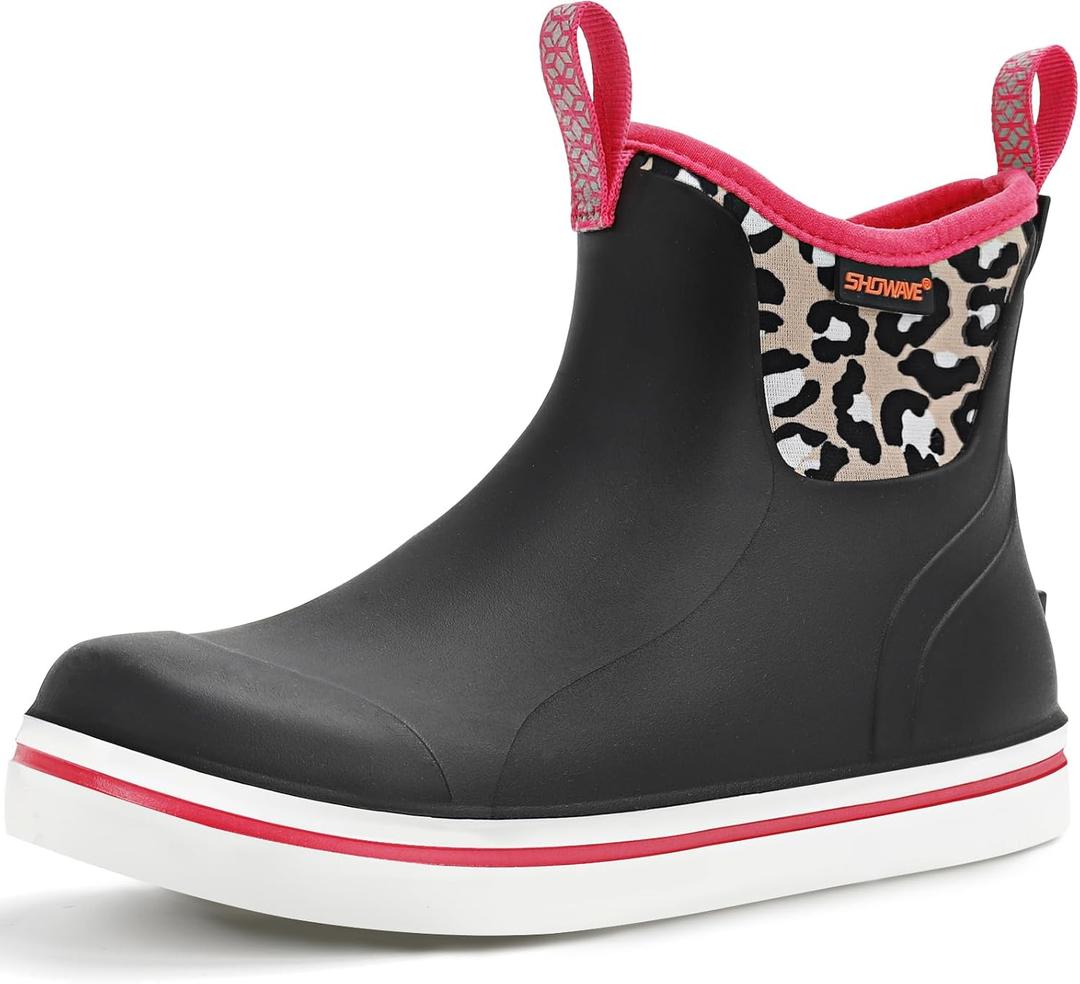 Showave Unisex-Child Ankle Rain Boots Kids Deck Boot Waterproof Lightweight Rubber Mud Booties for Boys Girls (6 Big Kid, Pink Cheeth)