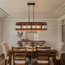 Rustic Farmhouse Wood Kitchen Island Lighting, 6 Lights Rectangular Pendant Light Fixture, Adjustable Rods Oak Wood and Metal Linear Chandelier for Kitchen Island Farmhouse Dining Room, Black