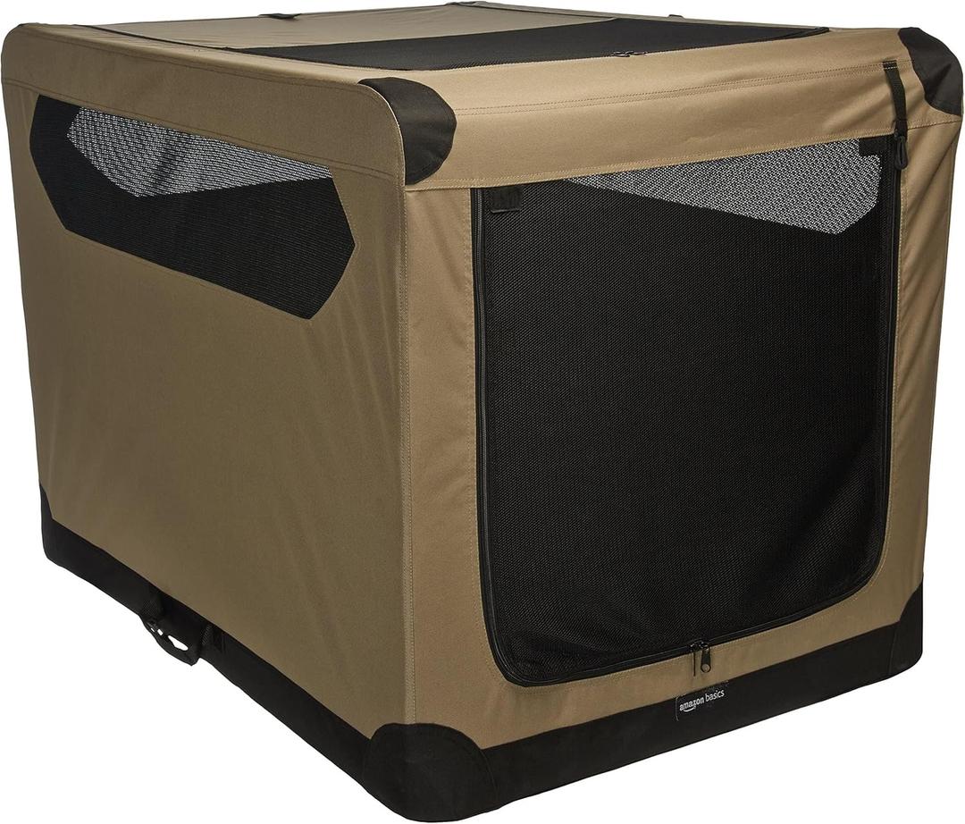 Amazon Basics Portable Folding Soft Dog Crate, Double Door, Collapsible Travel Kennel, Easy to Set Up, Sturdy, Secure, XL 42" x 31" x 31", Tan