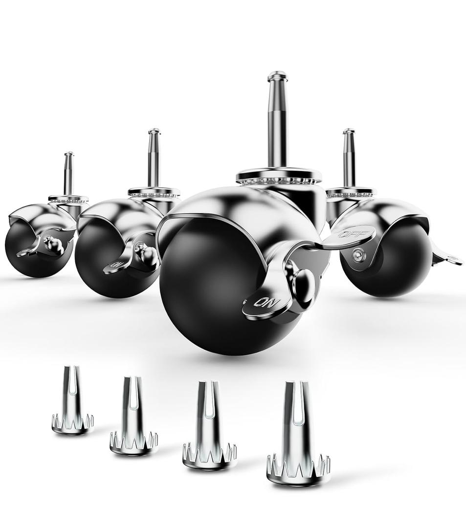 HOLKIE Casters for Furniture Legs Ball Caster Wheels Set of 4, 2 inch Locking Stem Swivel Castors for Chair, 5/16" x 1-1/2" Grip Neck Spherical Chrome Vintage Antique Wheel