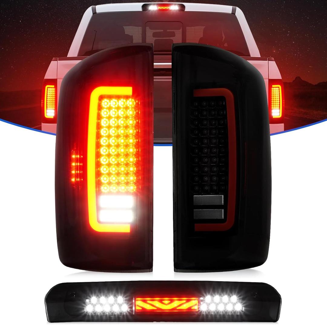 LED Tail Light + 3rd Brake Light Fit for Dodge Ram 1500 2007-2008, Fit for Dodge Ram 2500 3500 2007-2009 (Fit Halogen Type, Not Fit Factory LED Version) Rear Brake Lamp Taillight Assembly, Smoke Lens (Tail Light + 3rd Brake Light C)