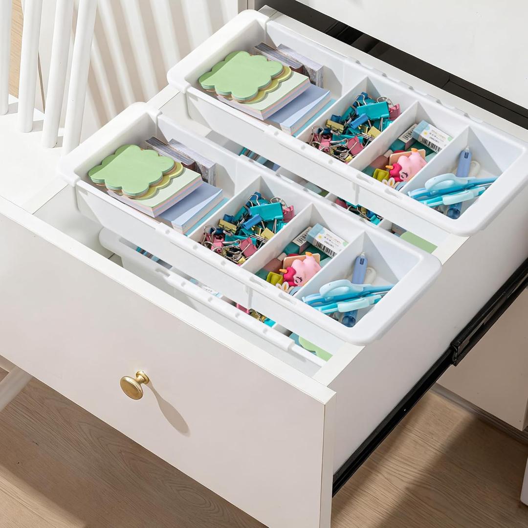 4 Pcs Expandable Drawer Organizer Bins Adjustable Deep Drawer Hanging Organizer Tray Expandable 11.4 to 18.1 Inches Plastic Dividers Storage for Office Bathroom Bedroom Kitchen Desk, White