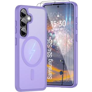 For Samsung Galaxy S24 Case & Galaxy S25 Case [Compatible with Magsafe] Translucent Matte Magnetic Phone Case,Slim Thin Duty Shockproof Protection with 2pc Screen Protector for S24/S25-Light purple