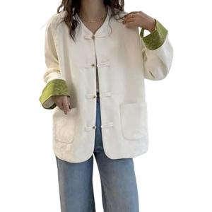 NCDUANSAN Chinese button up suit, retro embroidered style top, women's temperament spring and autumn standing collar jacket , size XL