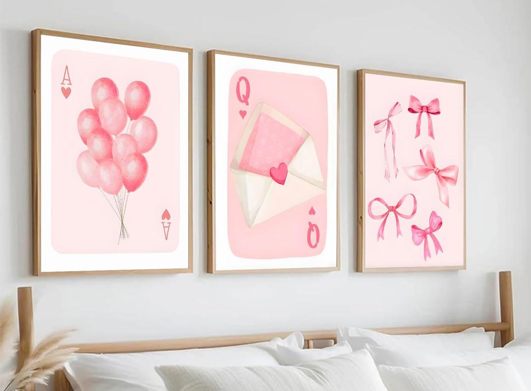 3 Pcs Fashion Pink Bow Canvas Wall Art Preppy Girly Aesthetic Painting Picture Wall Decor Balloon Envelope Poster Prints for College Apartment Girls Bedroom Living Room Home Decor (Poster 16x24 Inch), Pack of 2