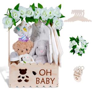 Wooden Baby Shower Crate Closet with Handle,Storage Basket,Baby Clothes Hangers, Newborn Boy Girl Welcome Gift Basket,Easy Assembly Baby Baskets for Baby Shower