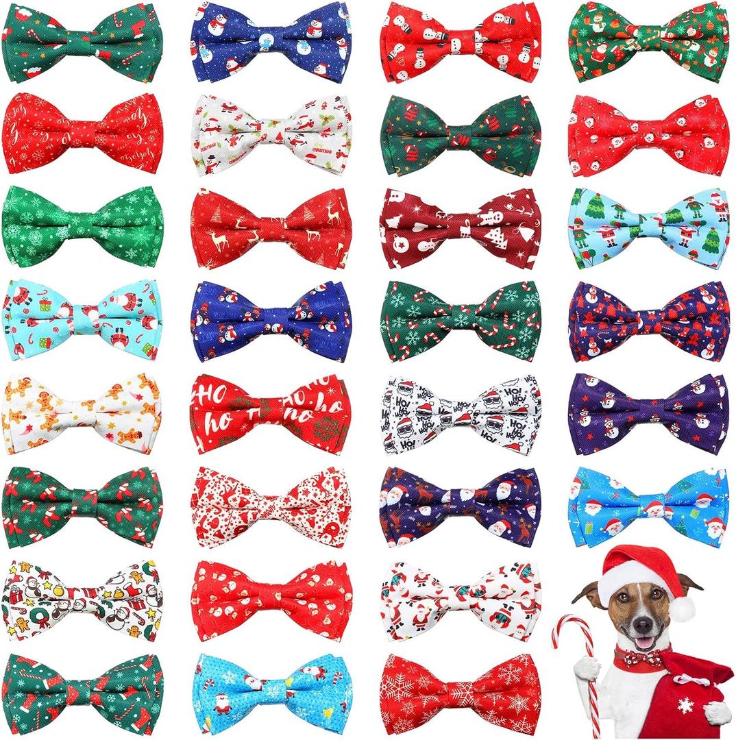 30 Pieces Christmas Dog Bow Ties Dog Collar Bow Ties Attachment with Elastic Bands Dog Collar Detachable Charms for Dogs Collar Grooming Accessories Day Costume Cosplay (Snowman Style)