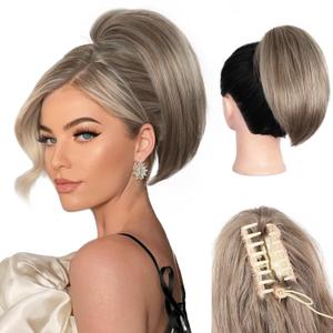 10 Inch Short Ponytail Extension - Soft Straight Pony Tails Hair Extensions, Claw Clip Ponytail Extension, Natural Short Synthetic Hair Pieces for Women (Color: Light Ash Brown Mixed White)