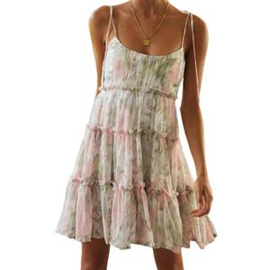Mansy Womens 2025 Summer Floral Mini Dress Boho Flowy Skater Dresses Short Sleeveless Ruffle Spaghetti Strap Dress (Medium, Pink Green)