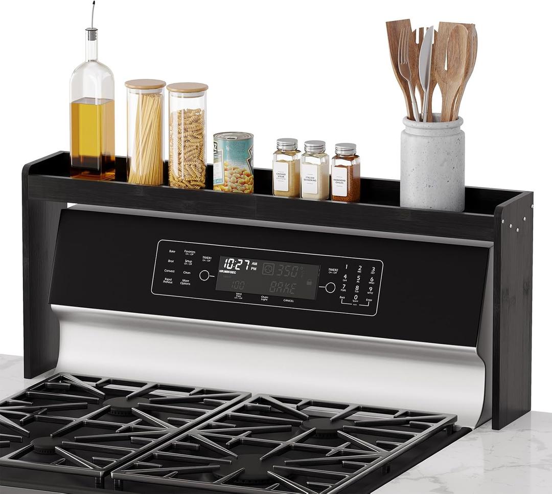 SpaceAid Bamboo Over the Stove Spice Holder Shelf, 31.5" Kitchen Organizer Stove Spice Top Rack, 11.6" Height Countertop Storage, Over Oven Back Sink Organization Shelf, Black