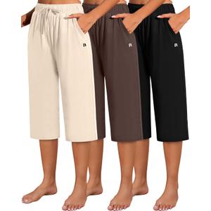 Neer 3 Pack Women's Capri Pants, Wide Leg Basic Sweatpants Lounge Loose Fit Casual Drawstring Yoga Capris with Pockets (Black, Cream, Brown)