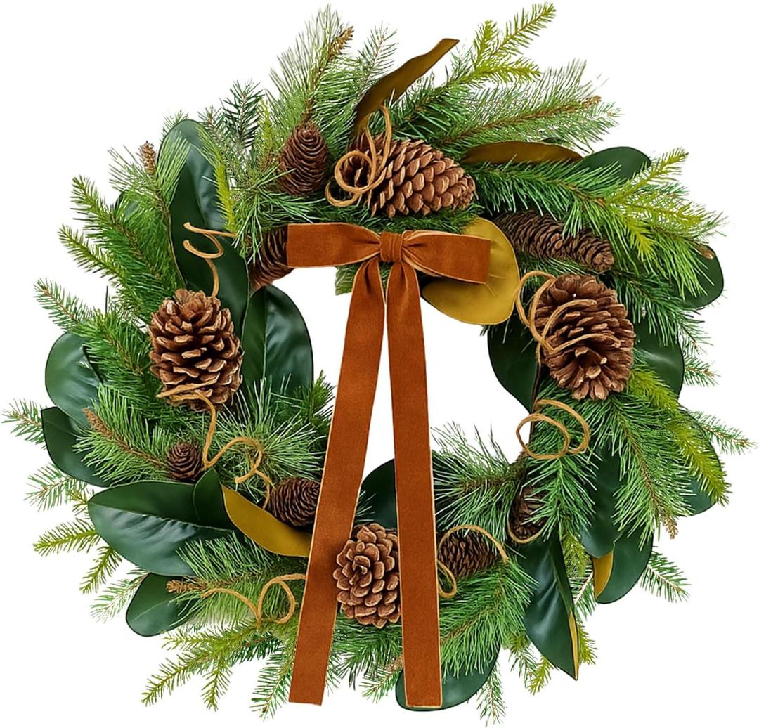 Giegxin 20 Inch Christmas Magnolia Wreath for Front Door Vintage Rustic Greenery Artificial Wreath with Brown Velvet Bow Pine Cones for Xmas Holiday Winter Farmhouse Fireplace Window Outdoor Decor