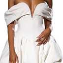 DINGANG Women's V Neck Off Shoulder Bubble Mini Dress Y2K Sexy Backless A Line Party Cocktail Puffy Short Dresses (Medium, White)