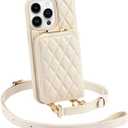 LAMEEKU Quilted Leather Wallet Case with Card Holder & Crossbody Strap for iPhone 12 Pro Max 6.7" - Beige