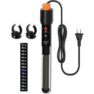 PULACO 200Watt Aquarium Heater for 25-50 Gallon Fish Tank, Adjustable Submersible Heater Thermostat with Thermometer Strip and Suction Cup