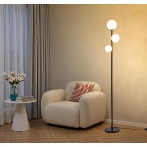 Fiqevs 3 Globe Mid Century Modern Floor Lamp, 3 x 800LM LED Bulbs Included, Matt Black Standing Lamp with Sphere Frosted Glass Shade, Vintage Retro Tall Pole Lamp for Living Room, Bedroom Office