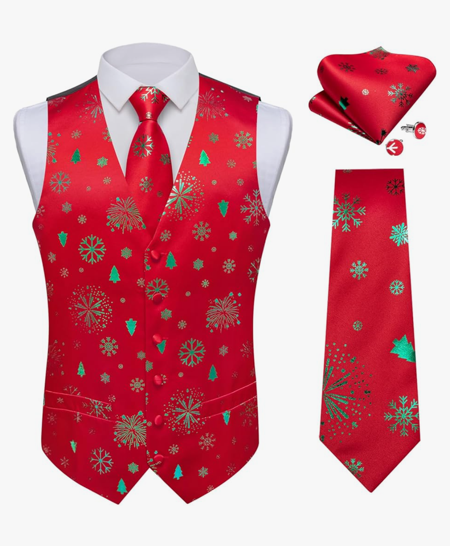 DiBanGu Christmas Men's Suit Vest and Tie Set Formal Business Dress Waistcoat for Tuxedo V-Neck Slim Fit Holiday Vest Size XXL