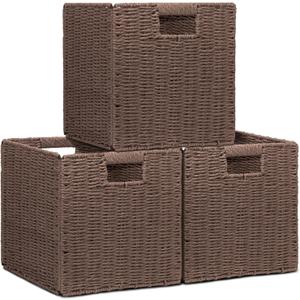 Wicker Storage Baskets for Organizing, 3 Pack Rustic Foldable Square Basket for Shelves, Handwoven Cubby Organizer Bins for Home Decor, Small Cube Storage Bin for Closet Organization (Brown 11 inch)