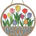 Welcome Spring Tulip Flower Front Door Sign, Farmhouse Floral Wood Plaque Hanger Outdoor Outside Porch Home Decor, Rustic Summer Wooden Wreath Indoor Wall Hanging Decoration