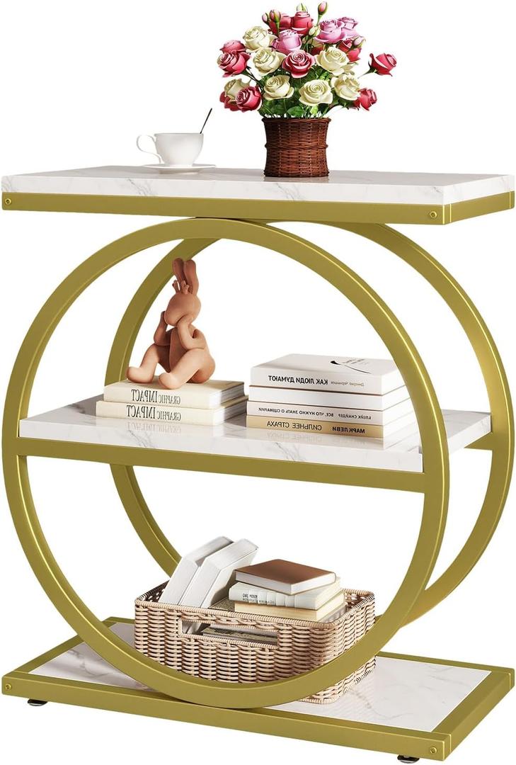 IBUYKE Narrow End Table with 3 Storage Shelves, Industrial Sofa Side Table, Double Round Metal Frames, Slim Nightstand and Bedside Table for Bedroom, Living Room, White with Gold UTMJ418G, 23" x 11" x 25"