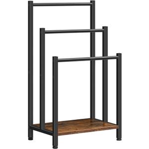 HOOBRO Free Standing Towel Rack, 3 Tier Blanket Rack, Blanket Holder for Bathroom, 16.9" L x 11" W x 31.9" H, Industrial Metal Drying and Display Rack with Shelf, Rustic Brown and Black BF03LB01