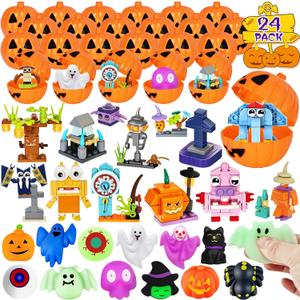Adisher Halloween Party Favors,12Pcs Mochi Squishy 12Pcs Building Blocks and 24Pcs Pumpkin Boxes, Goodie Bag Fillers Classroom Prizes Trick or Treat Halloween