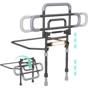 Bed Rails for Elderly Adults Safety, 180 Foldable Bed Rail with Adjustable Height & Width, 350lb Load, Extra-High Design, Wide Base, LED Light & Storage Pockets Fits King/Queen/Full/Twin Beds