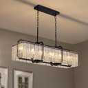 CROSSIO Modern Rectangle Black Crystal Chandeliers for Dining Room, L40 Rectangular Water Ripple Glass Pendant Light Fixture, Linear Farmhouse Lighting for Kitchen Island, Living Room, 6 Lights