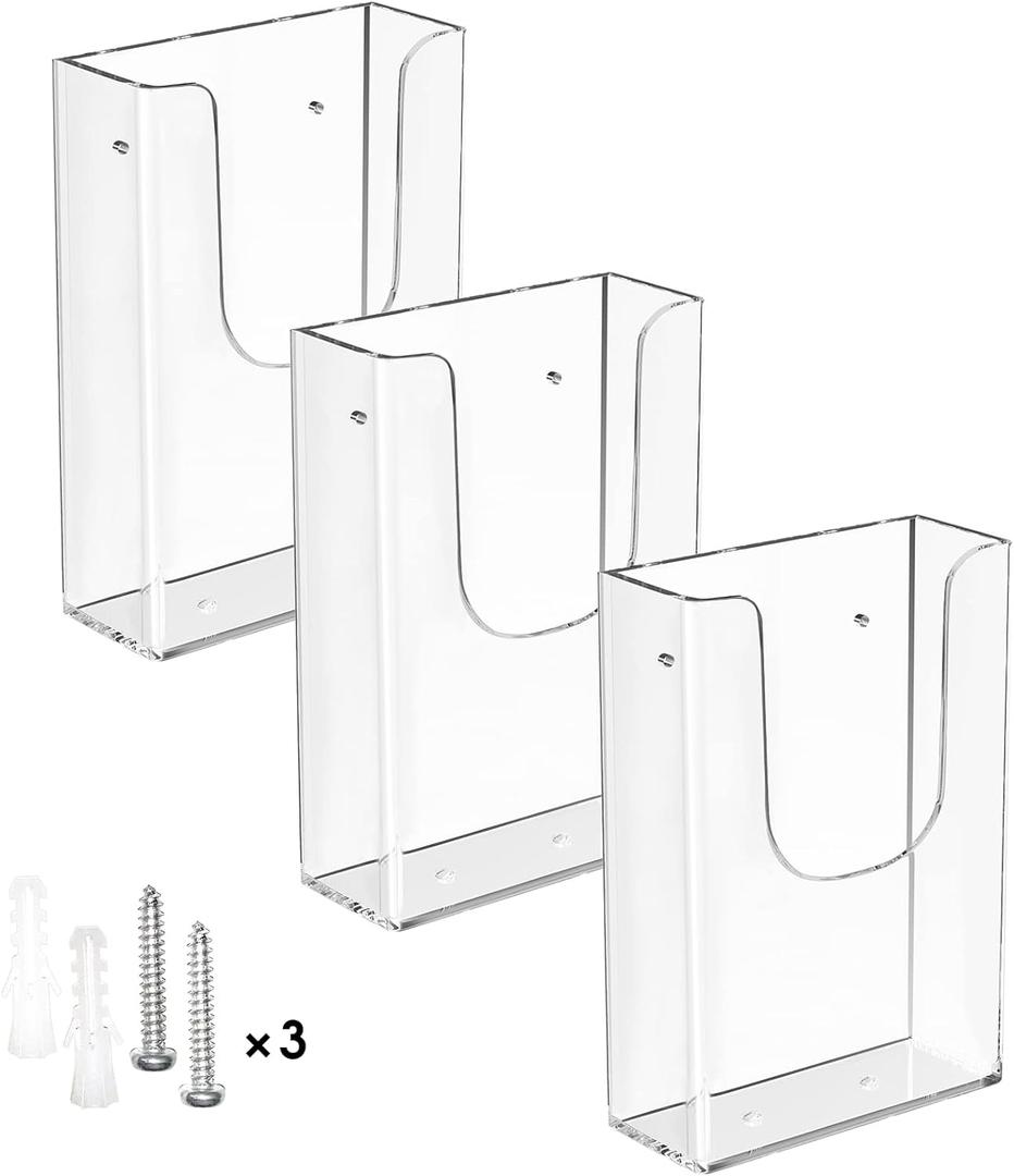 MaxGear Acrylic Brochure Holder Wall Mount, 4 Inch Wide Clear Pamphlet & Flyer Holder for 4x9 or 4x6 Tri-Fold Brochures, Plastic Marketing Literature Display Rack, 3 Pack