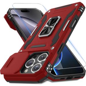 DEERLAMN Case for iPhone 16 Pro Max with Slide Camera Cover+Screen Protector (1 Pack), Rotated Ring Kickstand Military Grade Shockproof Protective Cover-Red