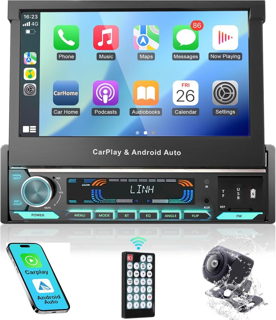 2026 Single Din Car Stereo with Apple CarPlay & Android Auto - 7 Inch Motorized Flip Out Touchscreen Bluetooth 5.1 Car Radio | Backup Camera/Mirror Link/USB/AUX/AM/FM/Subwoofer/DSP